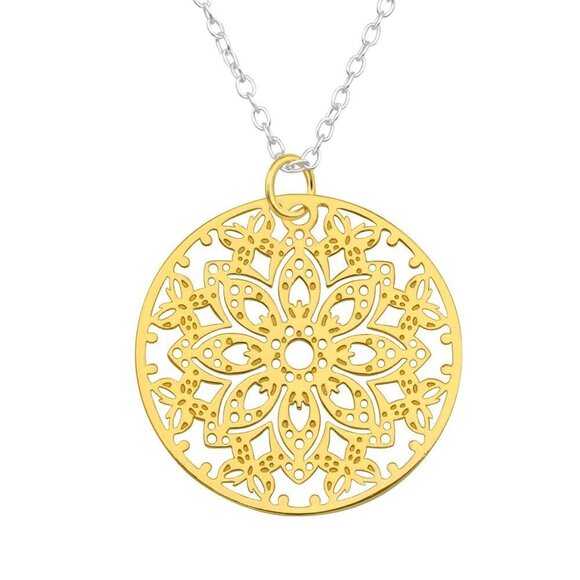 14k Gold and Sterling Laser Cut Arabesque Silver Necklace - Picture 1 of 10